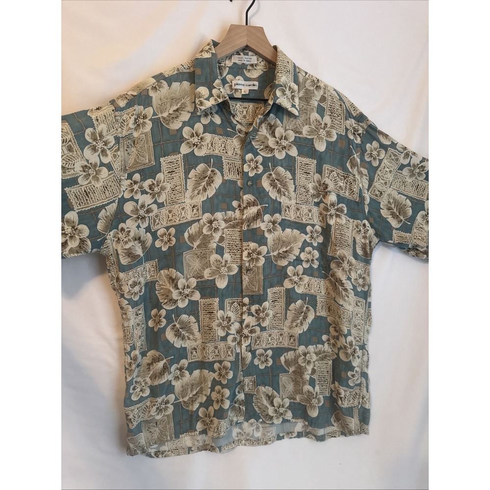 Vintage Pierre Cardin Men's Hawaiian  Button Beige Short Sleeve Pocket Shirt LRG
